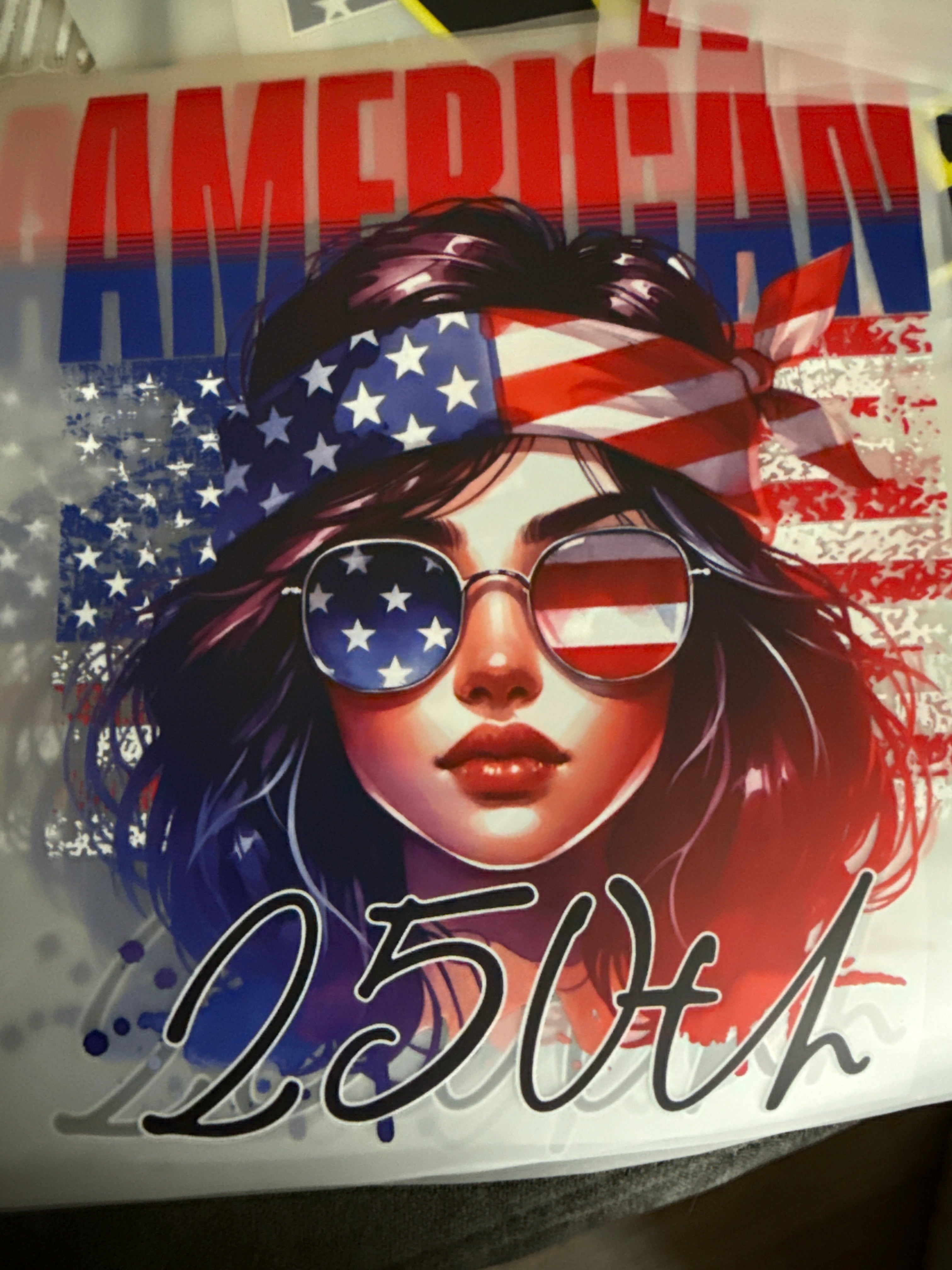 Product packaging with a stylized face design, sunglasses, and American flag elements.
