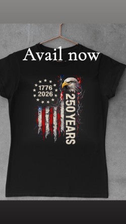Black t-shirt with American flag and eagle design celebrating 250 years, on a gray background.