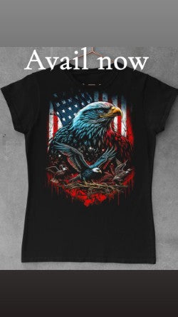Black t-shirt with an eagle and American flag design on a gray background