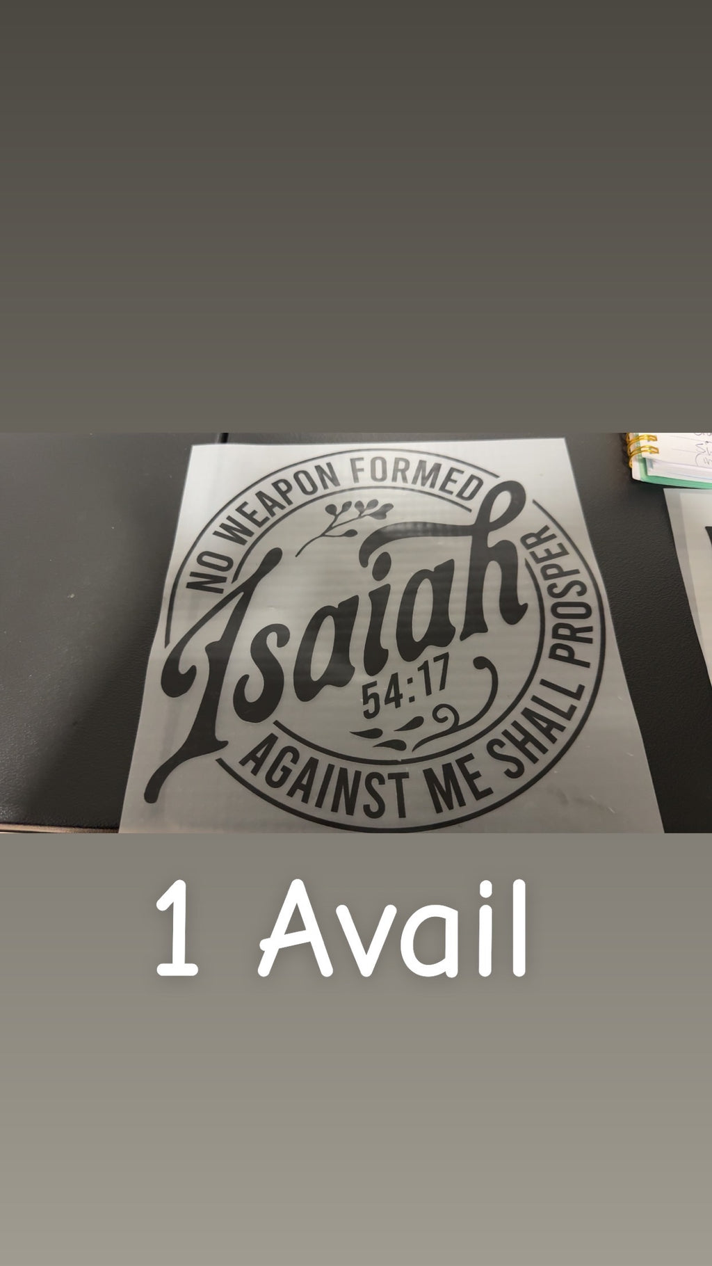 Decorative sign with 'Isaiah 54:17' 