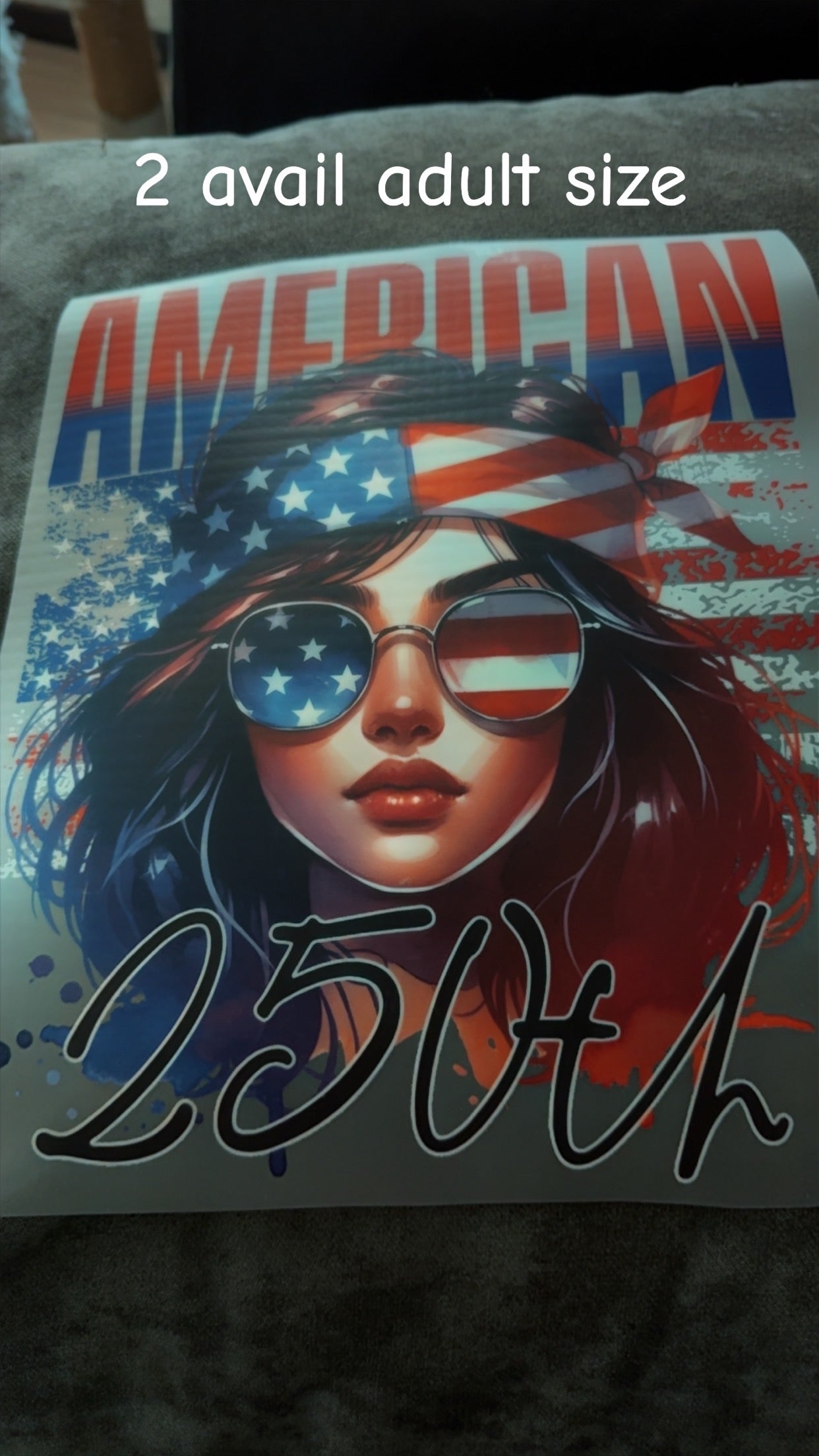 Product packaging with 'American 250th' design featuring a person with sunglasses and an American flag headband.