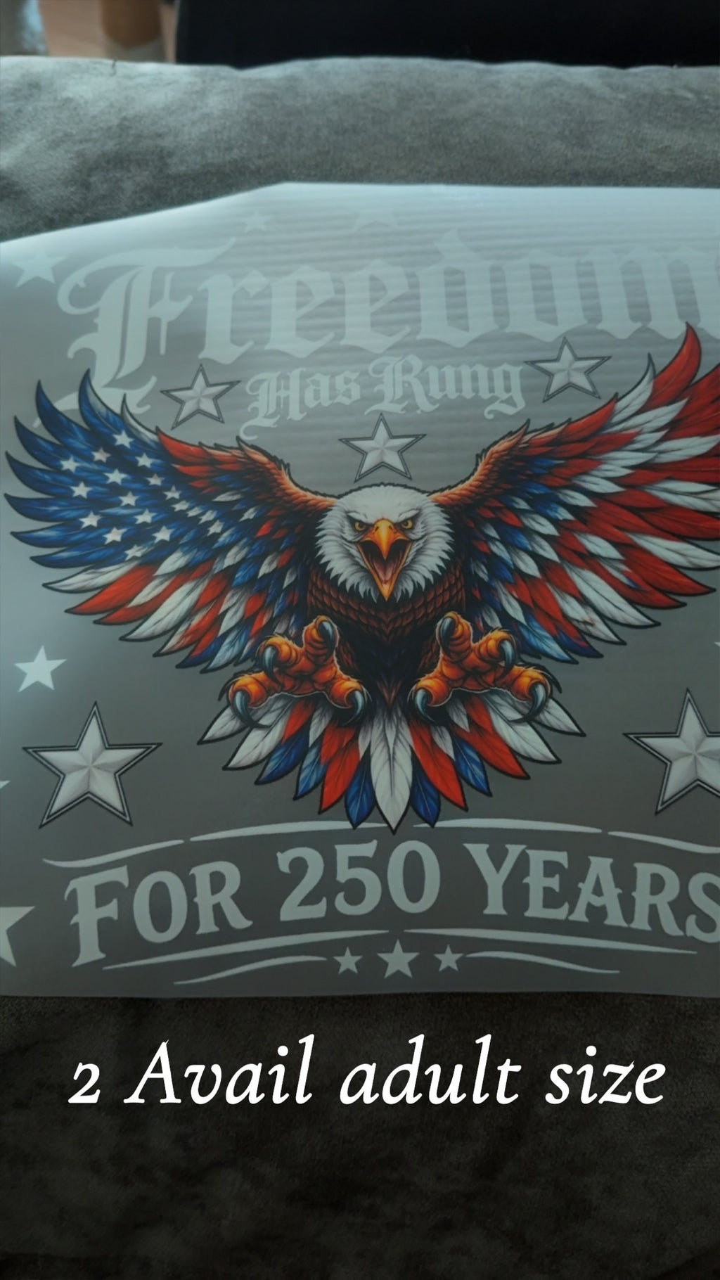 design of an eagle with American flag colors on a gray background, featuring text 'Freedom Has Ring' and 'For 250 Years'.