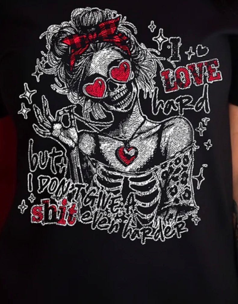 Black t-shirt with a skeleton design and text on a dark background
