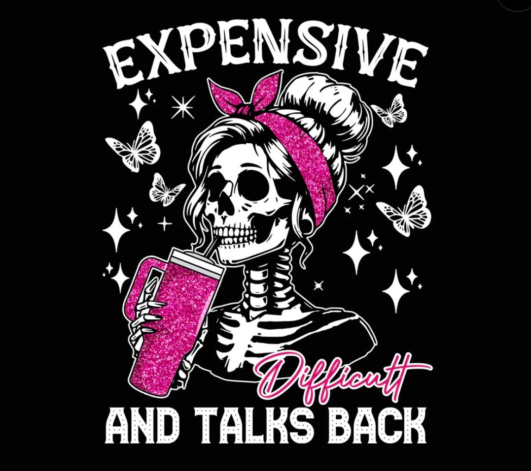 Skeleton with pink hairband and cup, surrounded by butterflies and stars, on a black background with text.