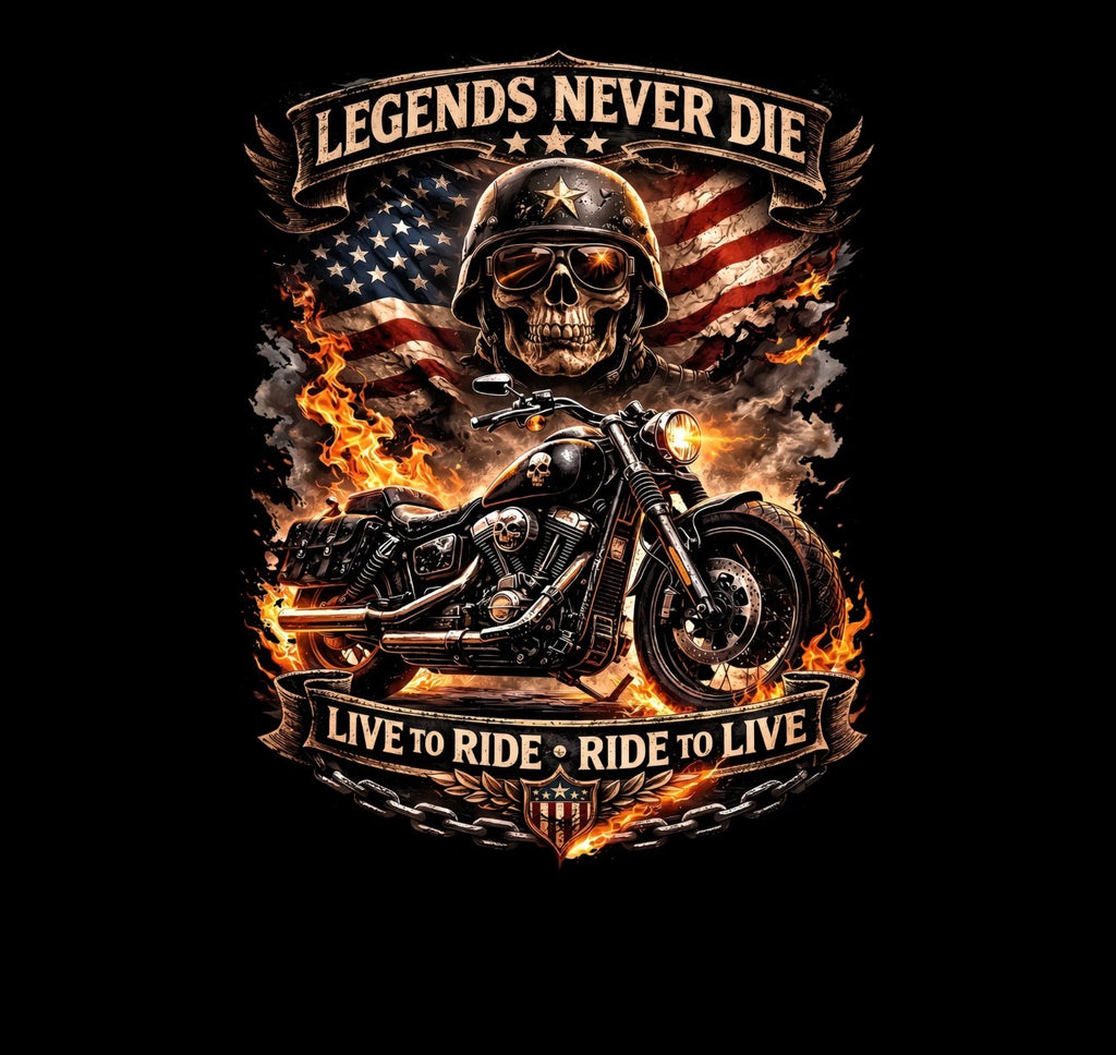 Motorcycle graphic with skull, American flag, and text 'Legends Never Die' on a black background. 1 avail